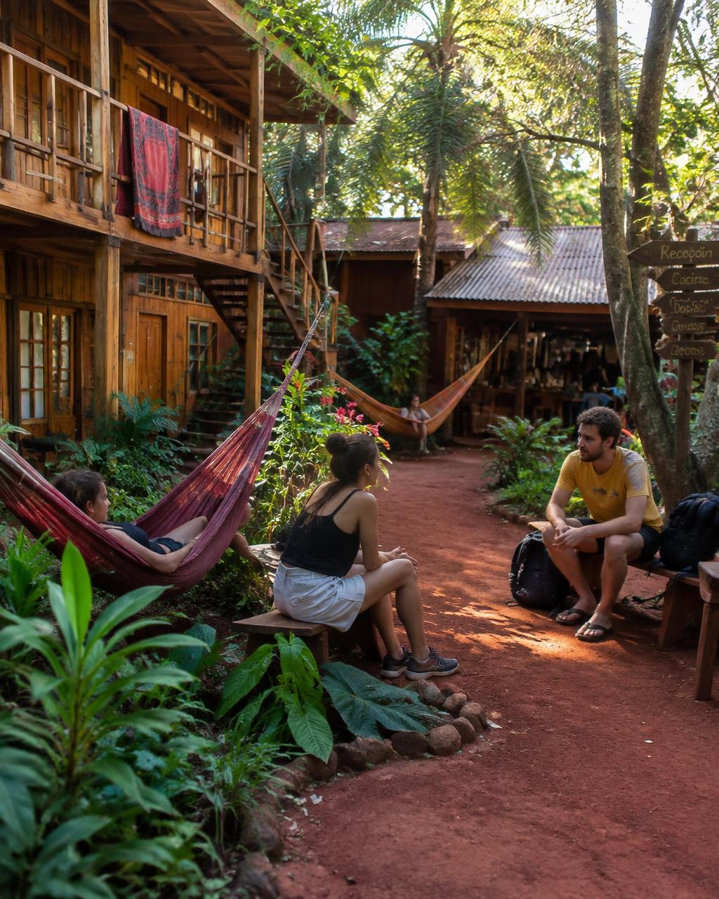 Patio con hamacas y viajeros